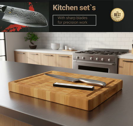 Produktcollage: Schneidebrett und Kochmesser