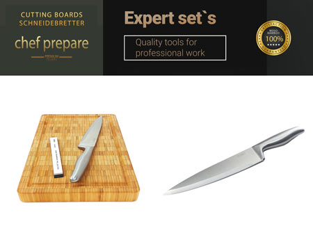 Produktcollage: Schneidebrett und Kochmesser